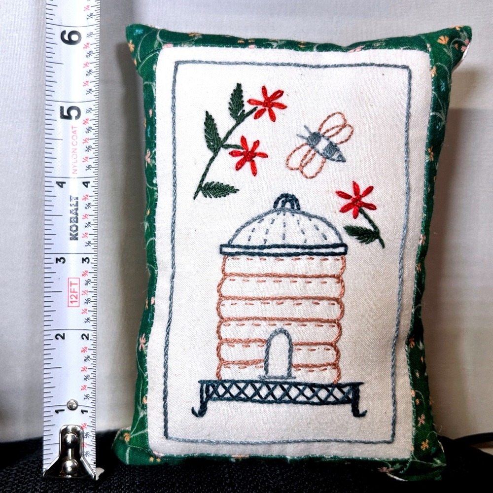 Handmade Embroidered Beehive Bee Mini Accent Pillow